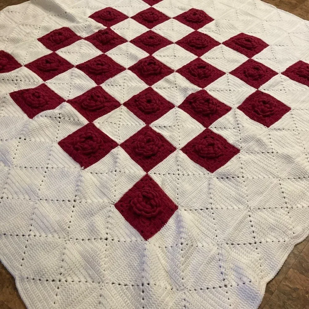 Handmade Crochet Blanket‎ White Red Flowers Square 64 x 64